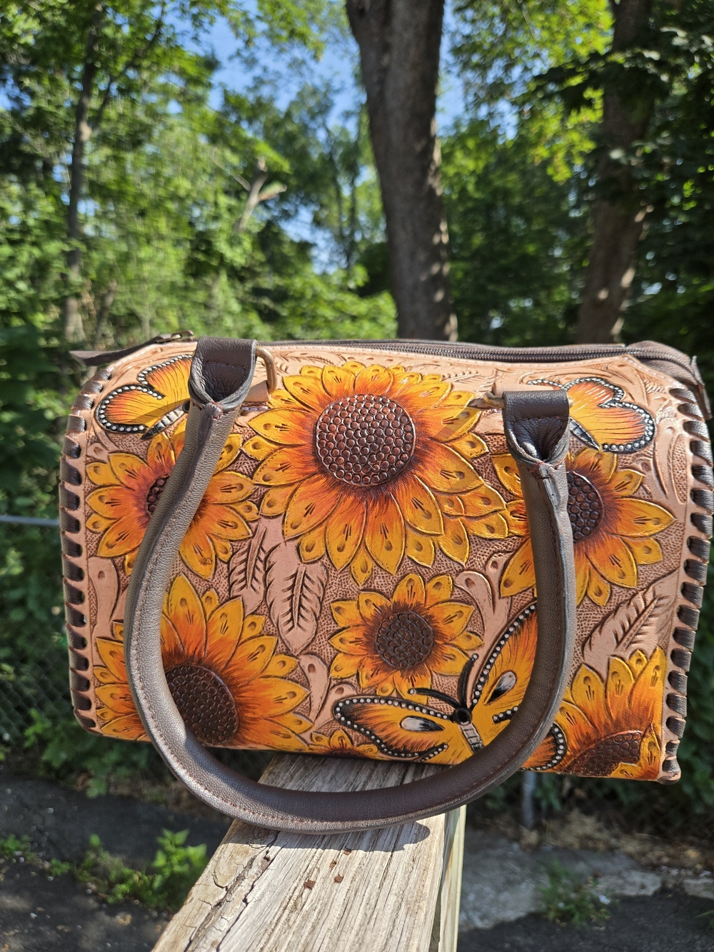 Hand-Tooled Sunflower Leather Satchel - Brown & Yellow